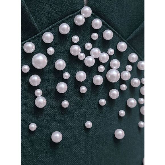 π Pearl Beaded Mesh Overlay Sleeveless A-line Elegant Green Dress SIZE LβNEW - Picture 11 of 16